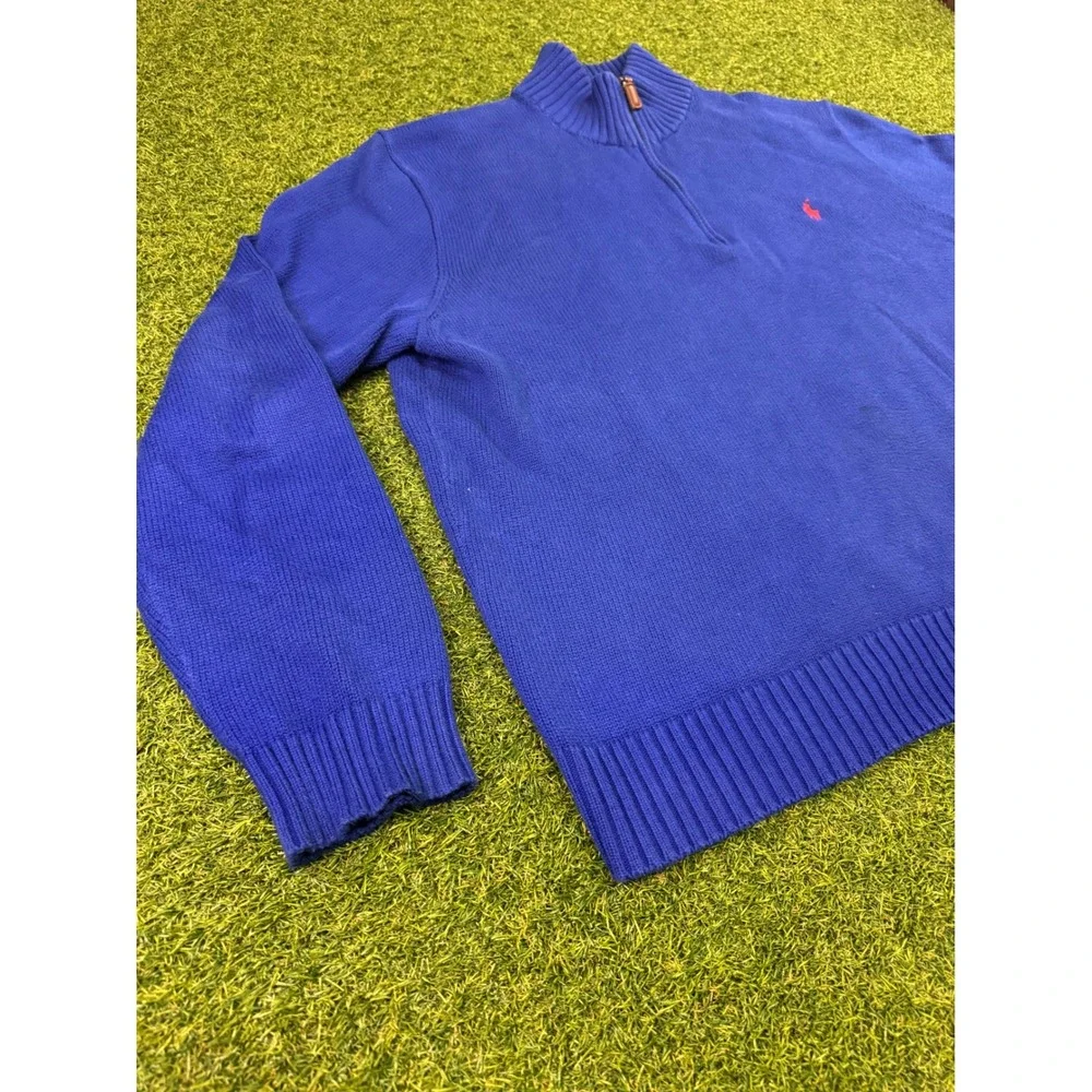 Polo Ralph Lauren Mens XL Blue Quarter‎ Zip Sweater Red Pony Logo Cotton Knit